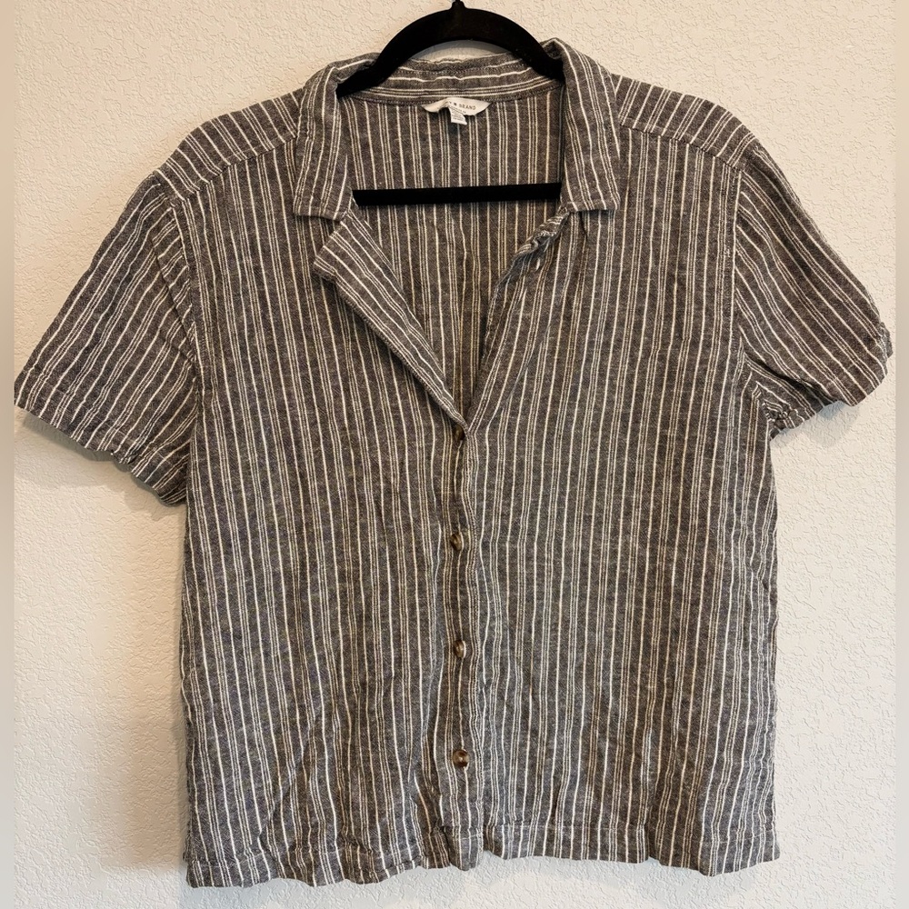 Lucky Brand Linen Gray White Blend Striped Women’s Button Up Short Sleeve Large